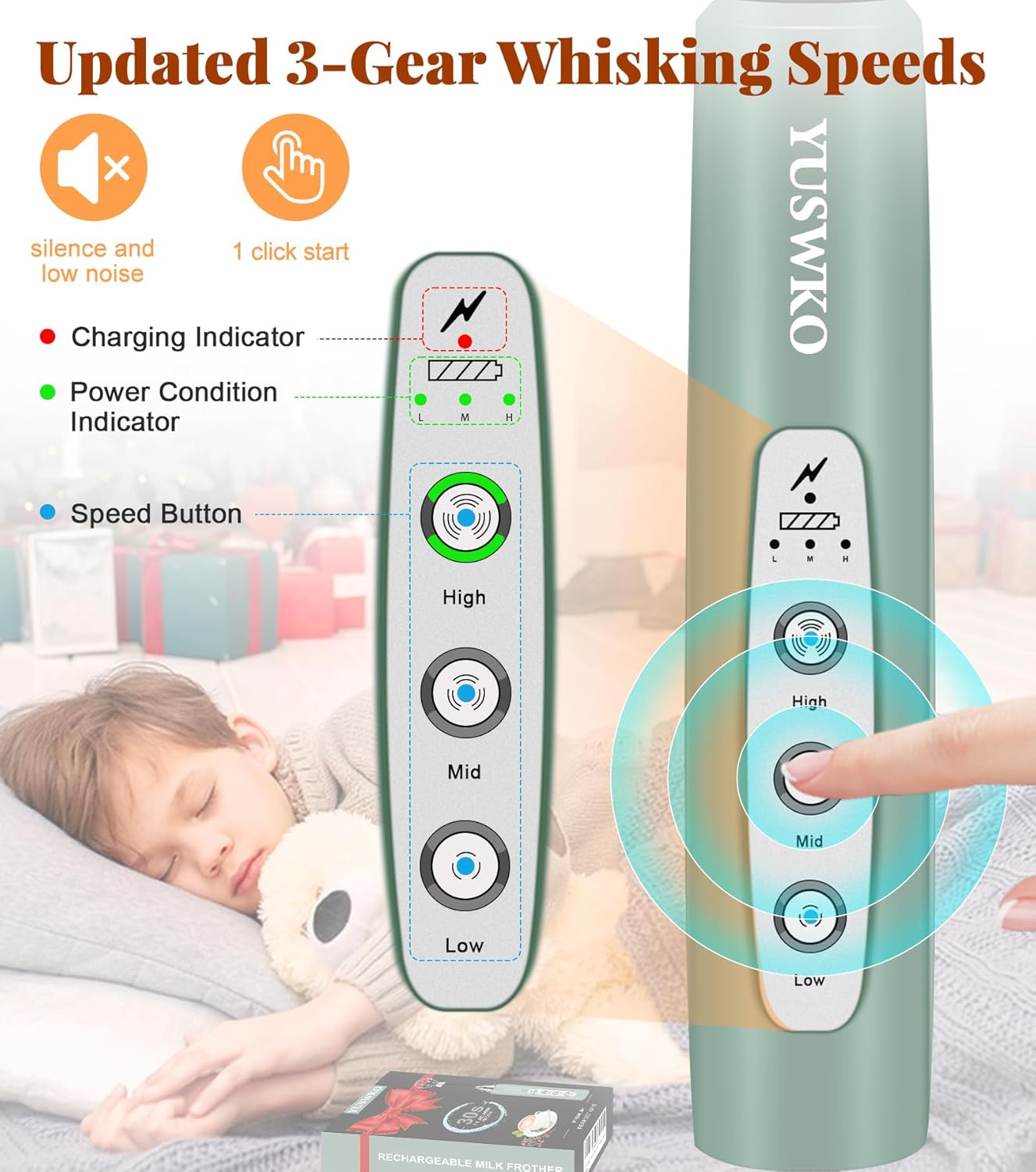 YUSWKO Milk Frother Handheld for Coffee, Rechargeable Drink Mixer with 3 Heads 3 Speeds Electric Coffee Frother Whisk, Gift for Many Occasions and Festival