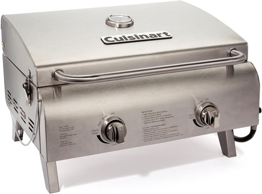 Cuisinart Chef's Style Tabletop Portable Propane Gas Grill, 20,000 BTU Stainless Steel 2-Burner Outdoor BBQ Grill for Camping, Tailgates, BBQ, Hassle-Free Setup