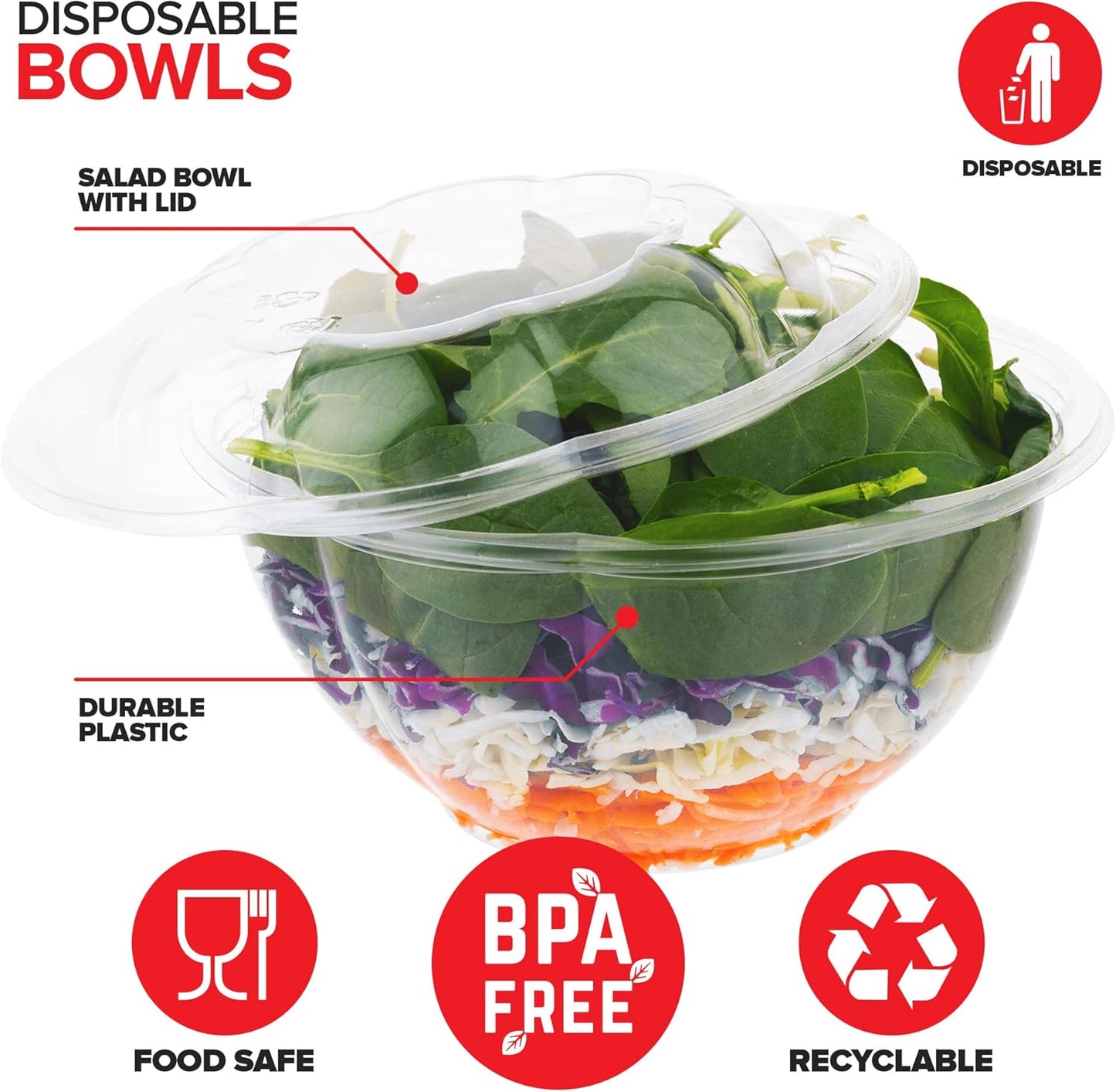 Stock Your Home 32oz Clear Plastic Salad Bowls with Lids Disposable (150 Pack) – Medium Takeout Containers with Snap-On Lids for Salads, Meal Prep, Acai Bowls, Fruit, To-Go Parties