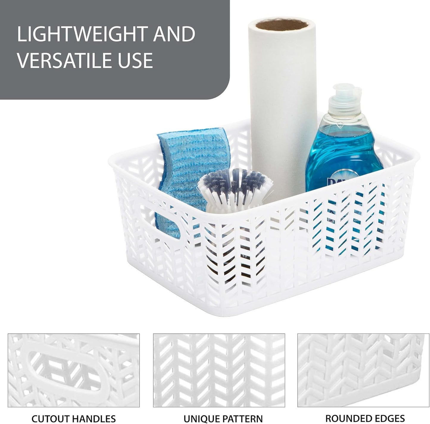 Simplify 3 Pack Small Herringbone Storage Basket | Dimensions: 10"x8"x4" | Light Weight | Two Open Handles | White | Organization | Many Uses | Kitchen Storage | Bathroom Storage |