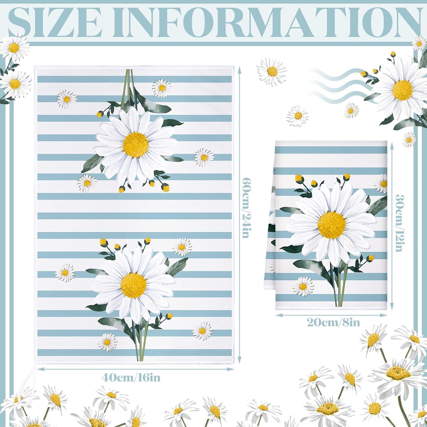 Boyiee Set of 6 Daisy Flower Kitchen Towels Daisy Stripes Tea Towels Floral Absorbent Dishtowels 24 x 16 Inches Housewarming Gifts Blue Hand Wash Cloth for Farmhouse Kitchen Bathroom Decorations