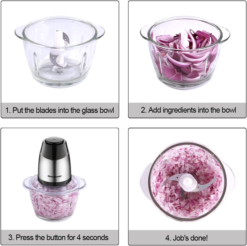 Electric Food Chopper, 5-Cup Food Processor by Homeleader, 1.2L Glass Bowl Grinder for Meat, Vegetables, Fruits and Nuts, Stainless Steel Motor Unit and 4 Sharp Blades, 300W