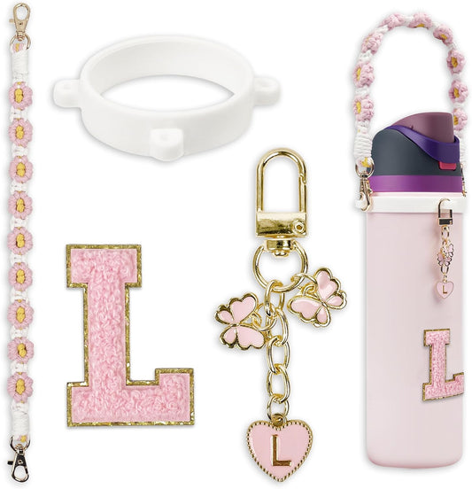 Cute Letter Charm Set Compatible with Owala Water Bottle 24 oz, 32 oz, 40 oz, Owala Kids, Owala Coffee Tumbler, Owala FreeSip – Includes Handle Strap, for Owala Accessories & Stanley Cup Accessories