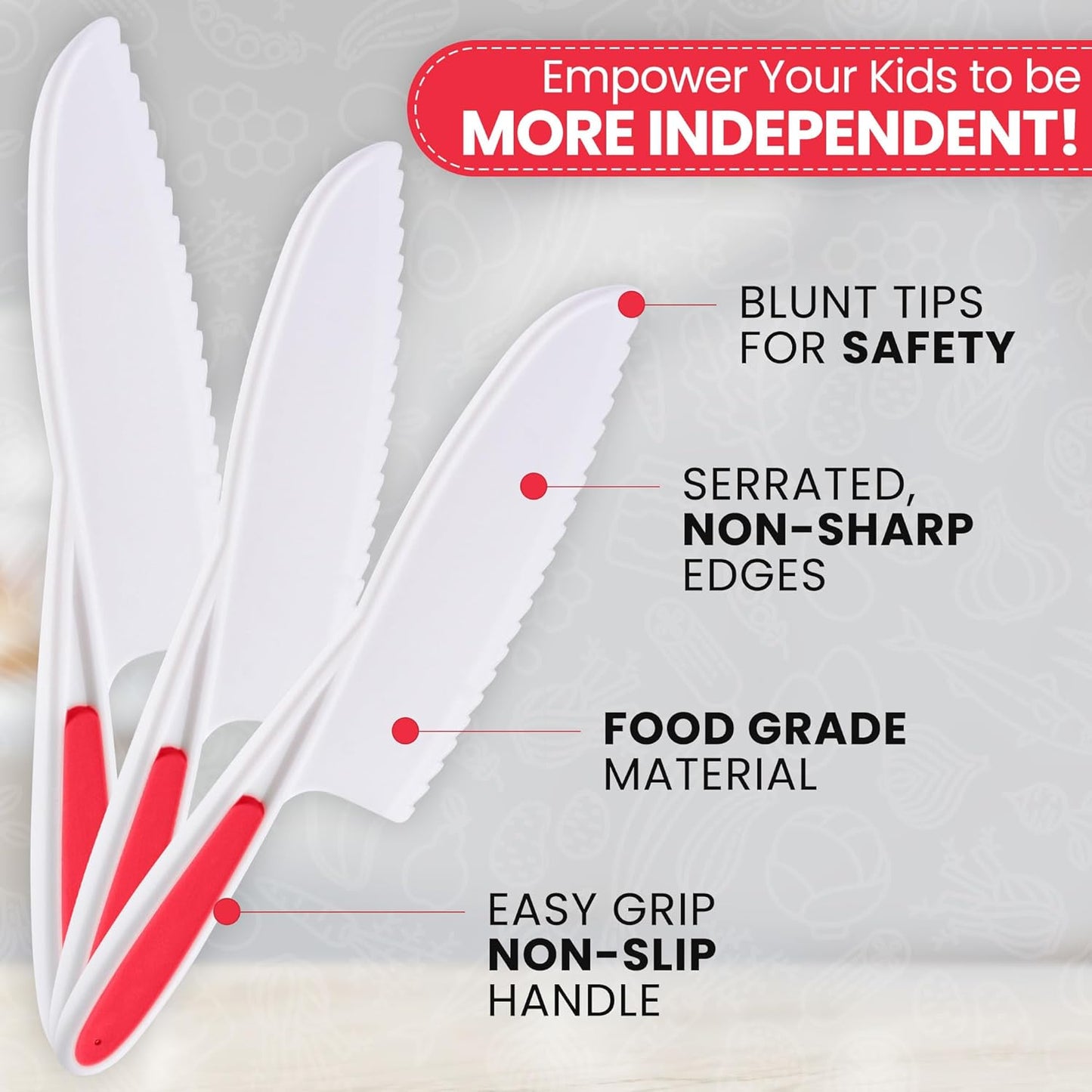 Zulay Kitchen 3-Piece Kids Knife Set for Real Cooking & Baking - Toddler Knives for Cutting Fruits, Veggies, & Cake - Children’s Montessori Knive with Serrated Edges - Safe & Fun Lettuce Knife (Red)