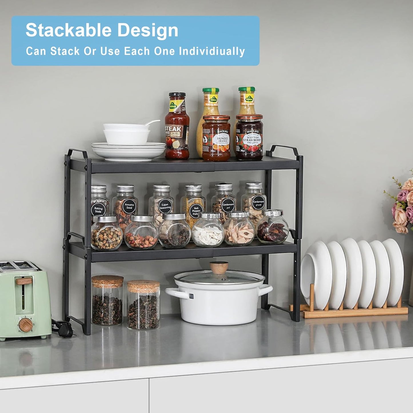 1 Pack Expandable Cabinet Countertop Shelves, Stackable Shelves Organizers for Kitchen Cabinet Countertop Storage, Adjustable Counter Cupboard Pantry Organizer Shelf Rack Stand, Length:25.5"