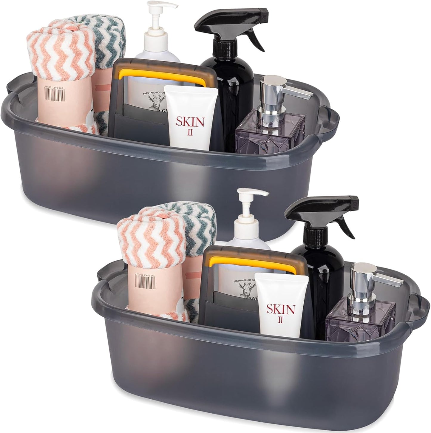 Large Cleaning Supplies Caddy Portable Shower Basket Supply Organizer with Handle Plastic Bucket Tool Storage for Bathroom, Bedroom, Kitchen, College Dorm, Garden, Clear Grey 2 Pack