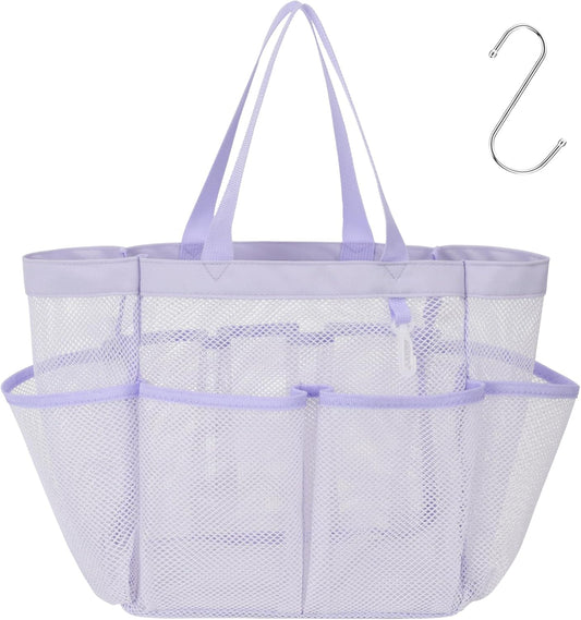 F-color Mesh Shower Caddy Portable, Upgrade Deeper 7 Pockets Shower Bag Basket Tote for College Dorm Room Toiletry Bathroom Essentials Gym Camp Quick Dry 2 handles with S Hook, Purple