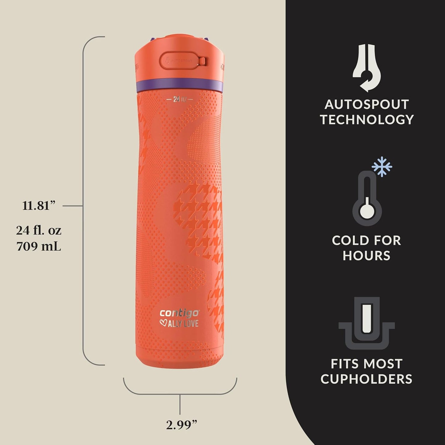 Contigo Ashland Chill 2.0 Stainless Steel Vacuum-Insulated Water Bottle with AUTOSPOUT Easy-Clean Lid, Leak-proof Drinking, Keeps drinks cold for 24 hours, BPA-Free, 24oz., Tangerine