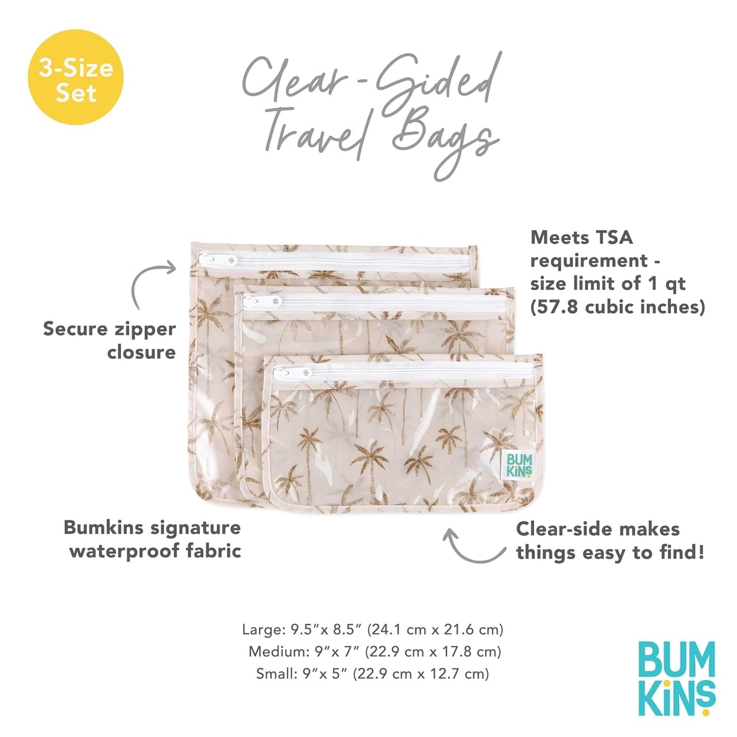Bumkins Travel Bag, Toiletry, TSA Approved Pouch, Zip Bag, Quart Size Airline Compliant, Clear-Sided, Baby, Diaper Bag Organization, Makeup, Accessories, Packing, Set of 3 Sizes, Palm Trees