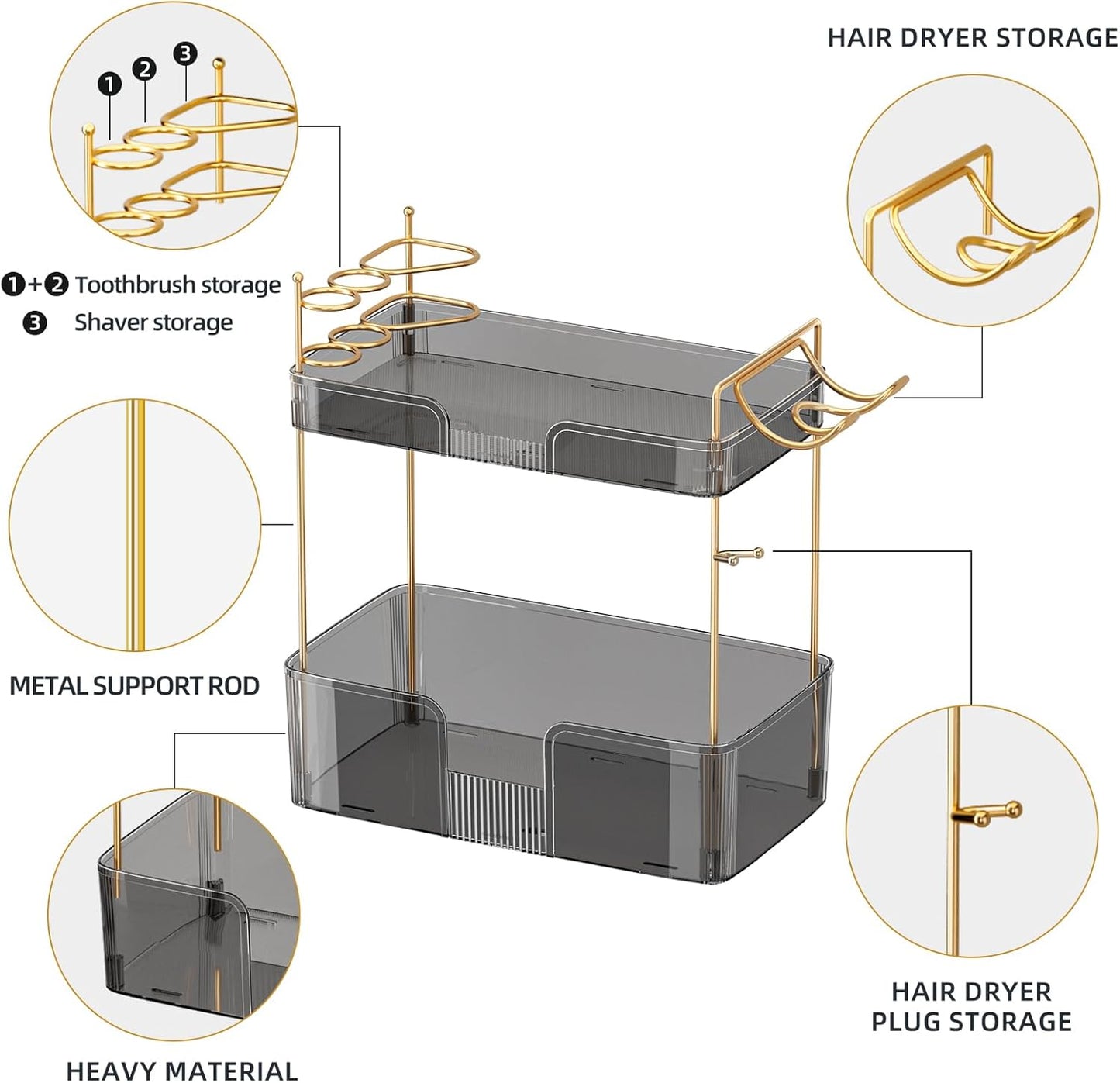 2 Tier Bathroom Counter Organizer with Hair Dryer Holder, Modern Style, Grey