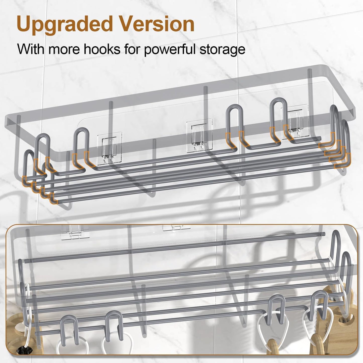 2025 New Adhesive Shower Caddy, Shower Shelves with 16 Hooks, Grey 2 Pack