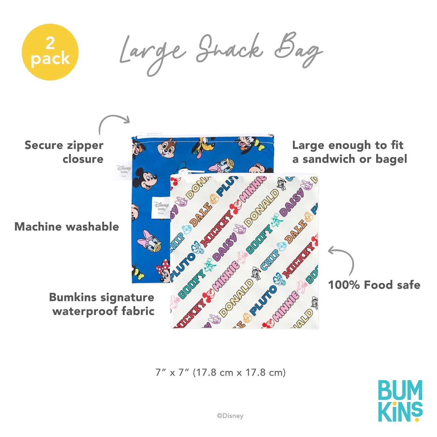 Bumkins Disney Reusable Sandwich and Snack Bags, for Kids School Lunch and for Adults Portion, Washable Fabric, Waterproof Cloth Zip Bag, Travel Pouch, Food-Safe Storage, Large 2-pk Mickey and Friends