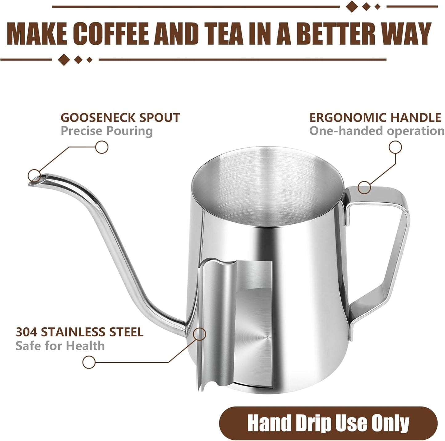 Stainless Steel Gooseneck Spout Kettle for Hand Drip Coffee One Serving Pour Over Kettle for Filter Coffee Long and Narrow Drip Cup for Outdoor Camping (Silver / 350ML / 1Pack)