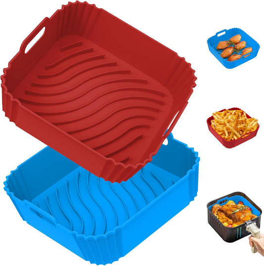 Redfly 2 Pack Silicone Air Fryer Liners, Square Reusable Non-Stick Basket Inserts for 4-5 QT Air Fryers, Dishwasher Safe Parchment Paper Replacement Accessories Red&Blue
