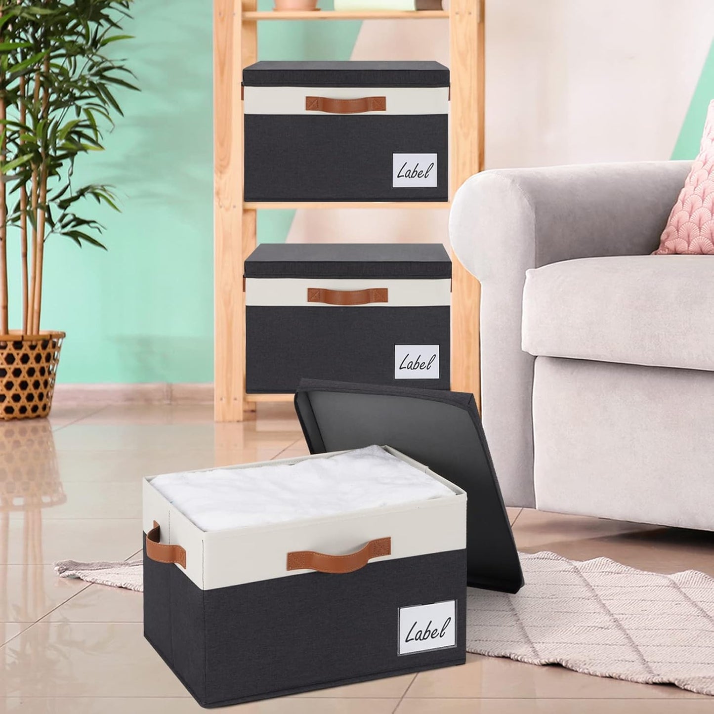 GhvyenntteS Extra Large Storage Bins with Lids, Foldable Fabric Storage Boxes with Lids and Handles, Storage Baskets with Lid and Label for Home Office (3 Pack, Black, 15.75" x 11.8" x 10.2")