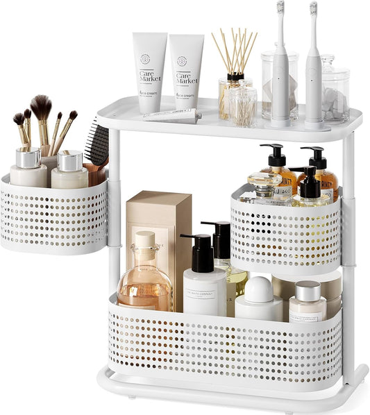 KINGRACK 3-Tier Rotating Bathroom Organizer, Countertop Vanity Tray, Spice Rack Storage, Easy to Assembly Space-Saving Organizer for Bathroom, Kitchen, Laundry Room, White