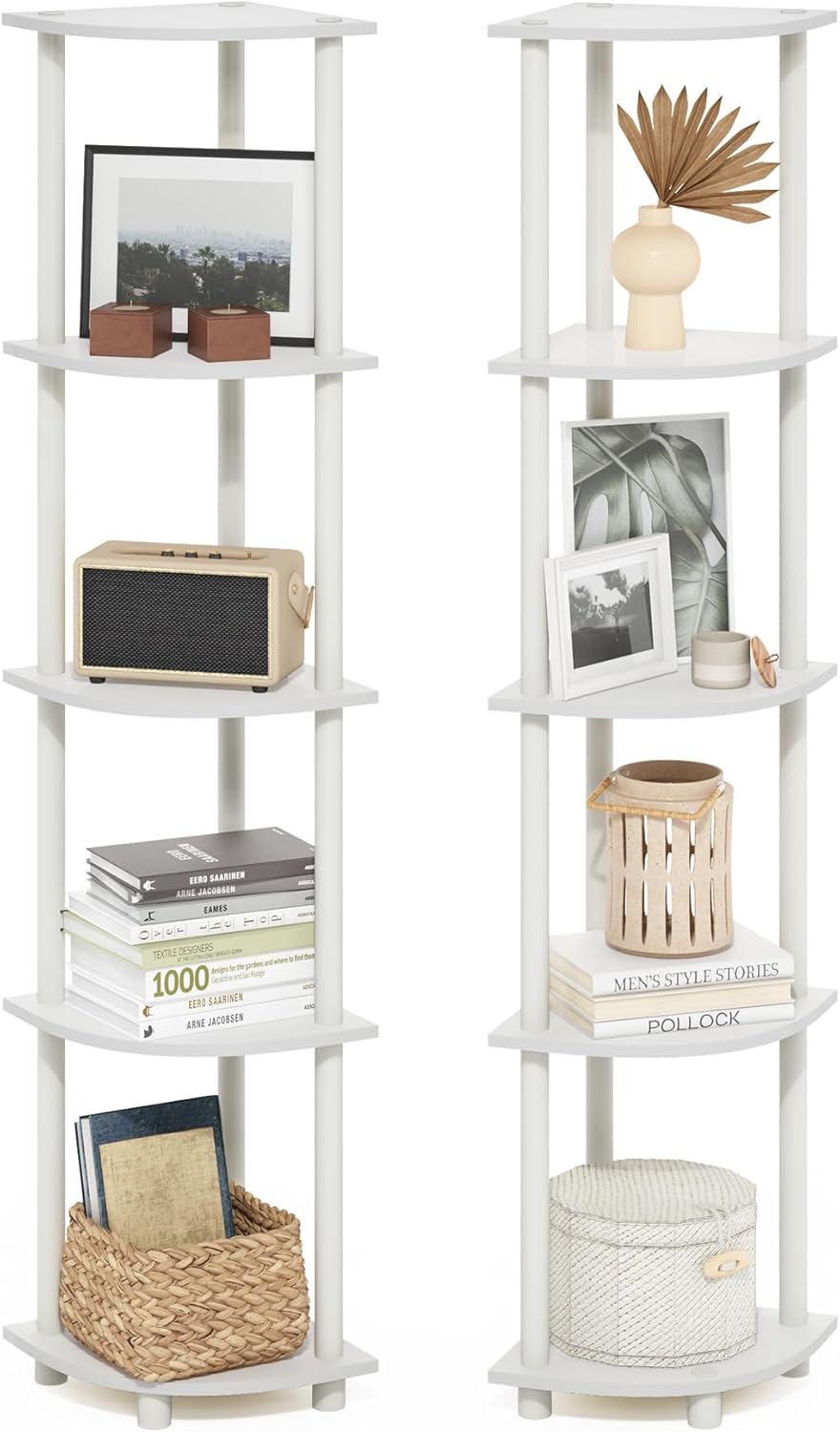 Furinno Turn-N-Tube Corner Shelf Set of 2, 5-Tier Corner Bookshelf, Open Storage Shelves, for Organization and Storage, Living Room, Home Office, Garage, White
