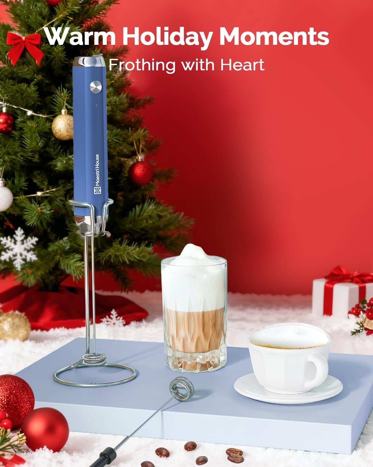 Maestri House Rechargeable Milk Frother with Stand, Handheld Electric Foam Maker Waterproof Detachable Stainless Steel Whisk Drink Mixer Foamer for Lattes, Cappuccino (Midnight Blue (Gift Box))