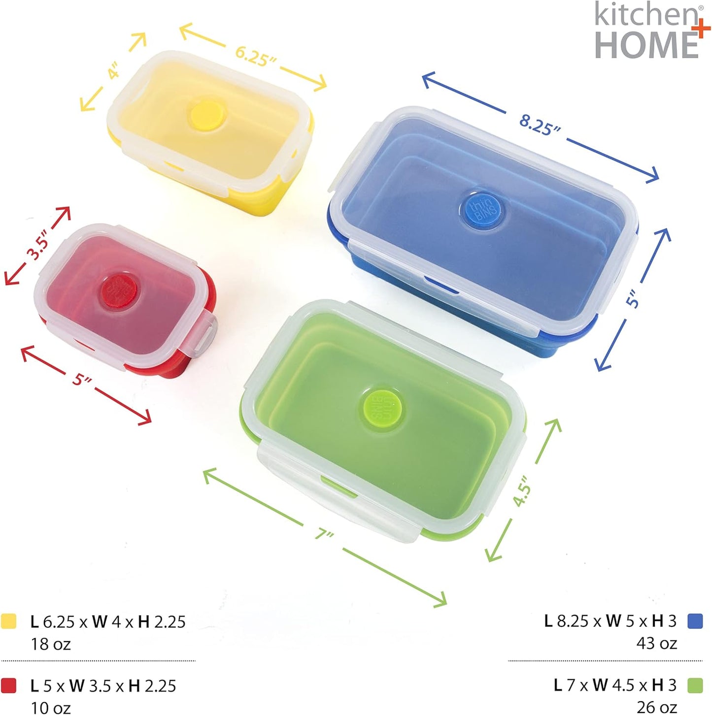 Kitchen Home Thin Bins Collapsible Containers – Set of 4 Rectangle Silicone Food Storage Containers – BPA Free, Microwave, Dishwasher and Freezer Safe