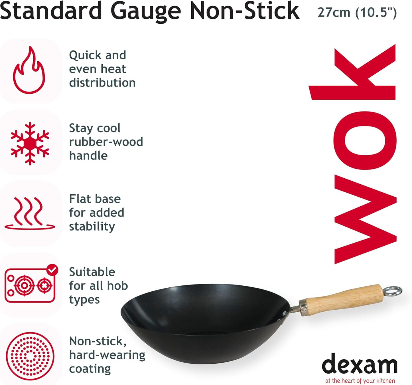 Dexam 12108411 Non Stick Carbon Steel Wok With Wood Handle 27cm/10.5 -inch, Black (Non-stick Coating)