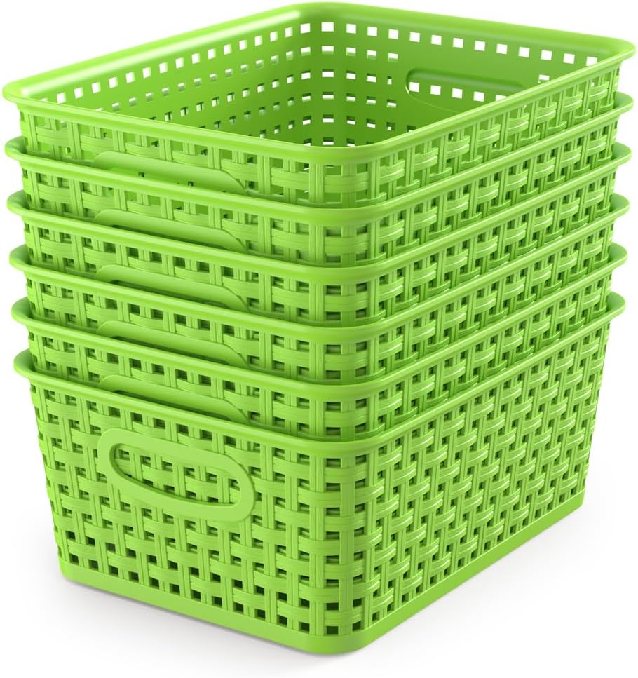 WYT 6-Pack Plastic Small Shelf Storage Weave Baskets Organizing for Cabinets and Pantries, Green