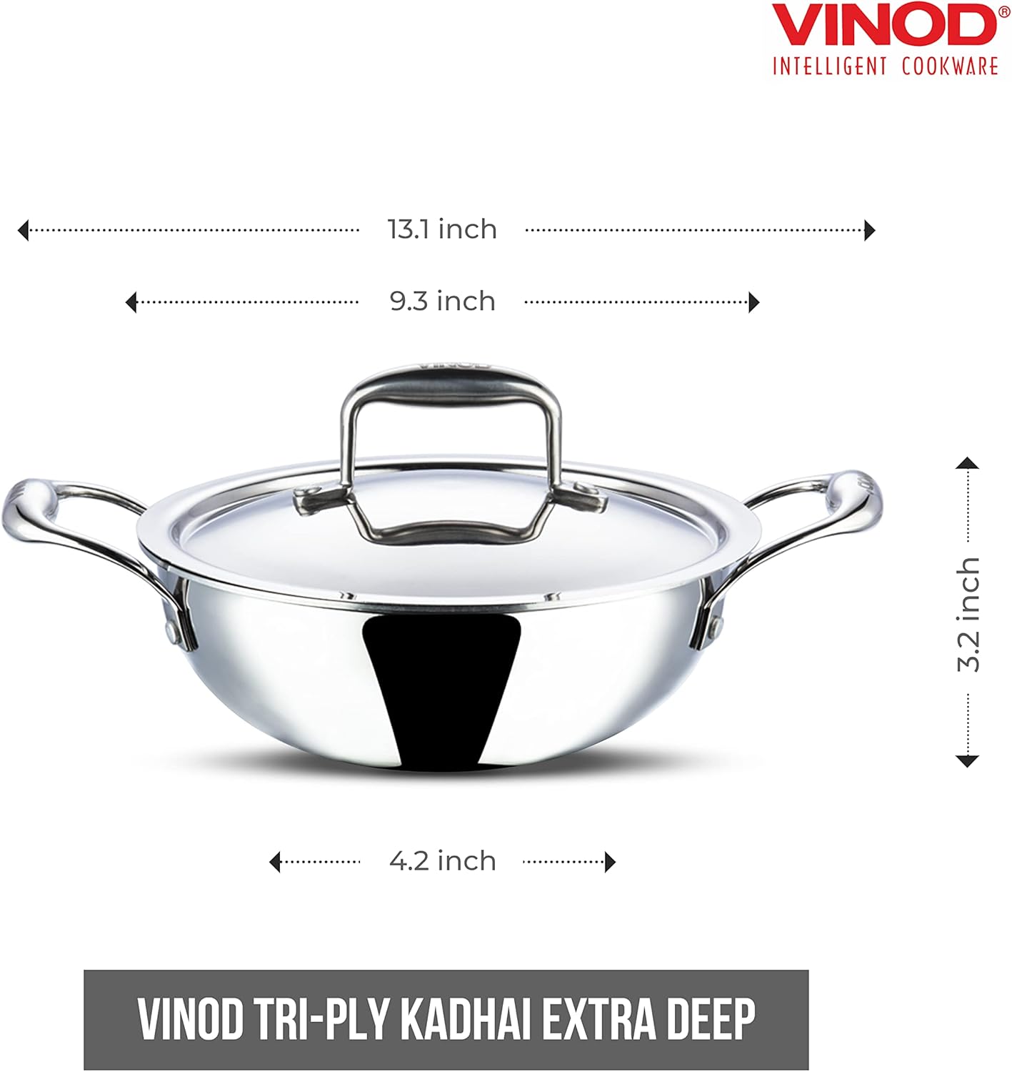 Vinod Platinum Triply Stainless Steel Kadai | Suitable For Indian Cooking, Sauces, Stews, Soups | Extra Deep Kadai With Lid | Induction, Electric Friendly (22cm)