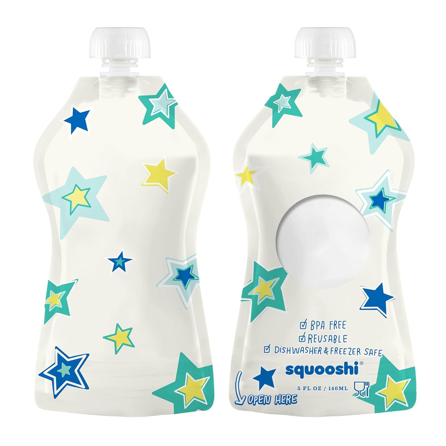 Squooshi Reusable Baby Food Pouches for Toddlers | BPA Free Plastic, Food Safe, Freezer Safe | Refillable for Applesauce Yogurt & Puree Squeeze Pouch | 12 Pack | 5 oz | Assorted Designs