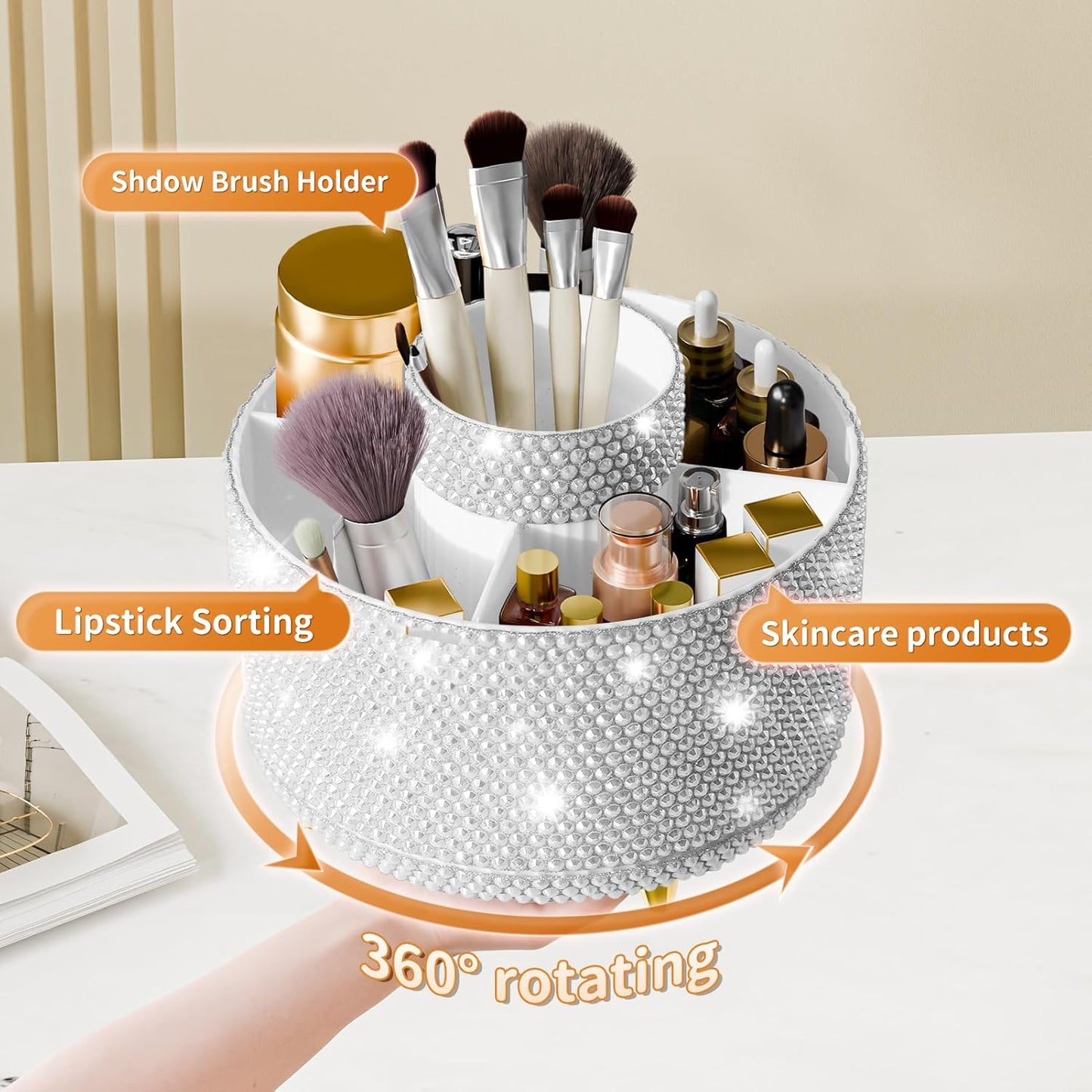 Bling 360° Rotate Makeup Brush Holder Organizer, Makeup Organizers Countertop, Makeup organization and Skincare Storage for Vanity, Gift for Women Girls (Bling dz-White)