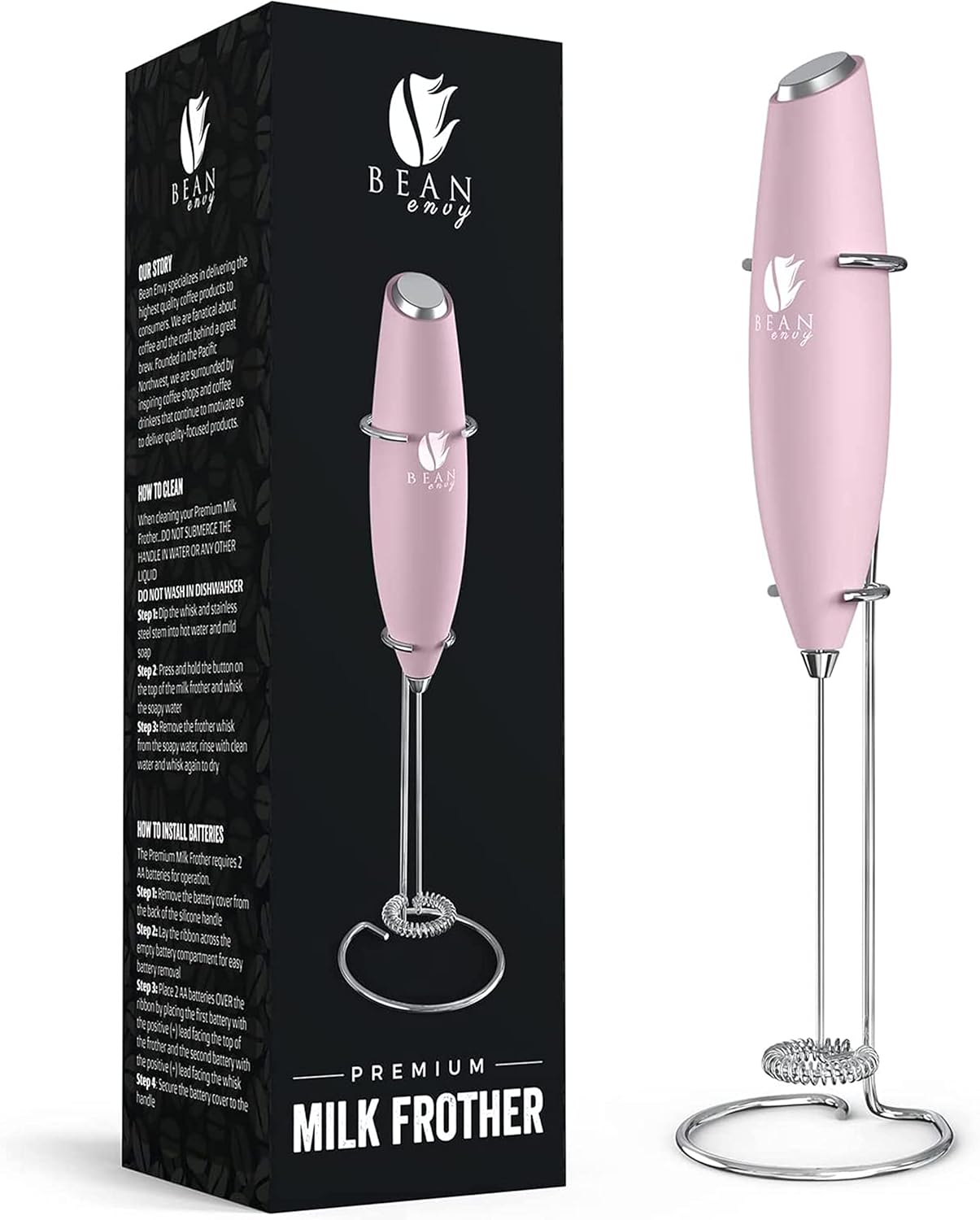Bean Envy Milk Frother, Coffee Stirrers, Frother Wand, Milk Frother Handheld, Frother with stand, Hand Blender for Coffee, Lattes, Cappuccino, Matcha and Hot Chocolate – Kitchen Gifts - Pink