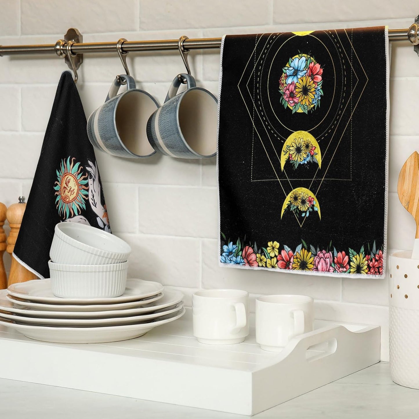 Boyiee Set of 6 Witchy Kitchen Towels Boho Tea Towels Absorbent Mushroom Floral Dish Towels 24 x 16'' Gothic Dish Towels Sun Moon Star Butterfly Hand Towels Gifts for Farmhouse Kitchen Bathroom