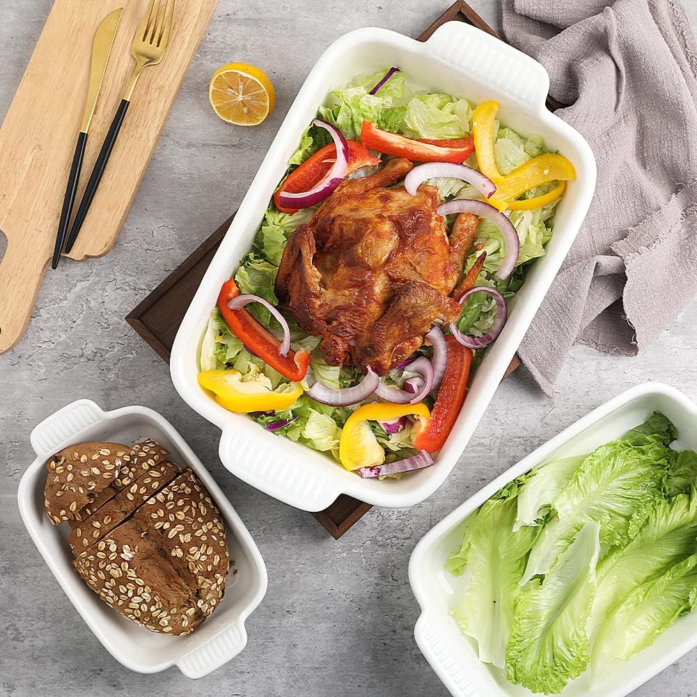 Sweejar Baking Pans Set, Ceramic 9x13 Baking Dish with Handle, Rectangular Casserole Dishes for Oven, Bakeware Sets of 3, Durable Lasagna Pan Deep for Kitchen, Banquet, Wedding Gift(White)