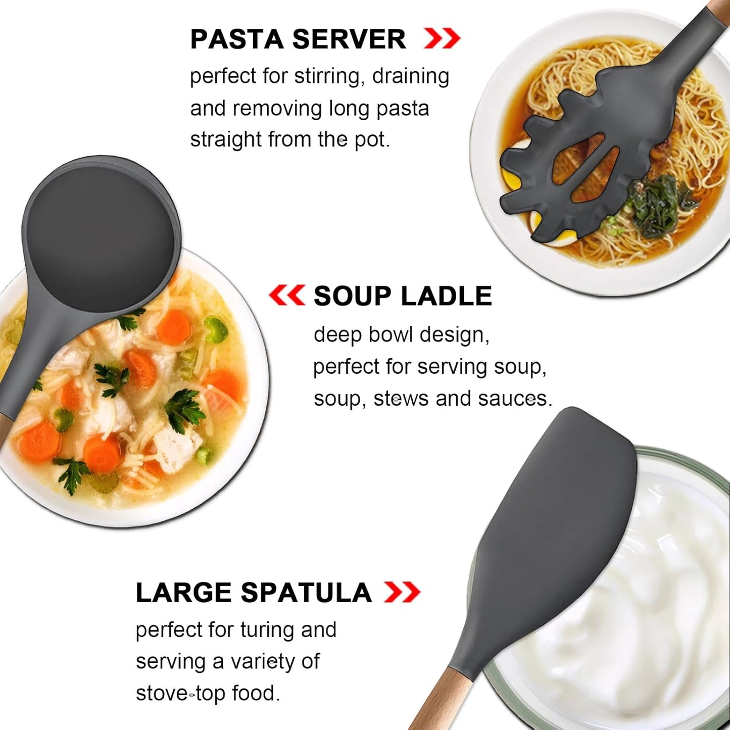 Kitchen Cooking Utensils Set, 6Pcs Silicone Kitchen Utensils Set Spatula Spoon Soup Ladle Turner, Heat Resistant Wooden Handle Silicone Cooking Gadgets for Nonstick Cookware & Baking BPA FREE