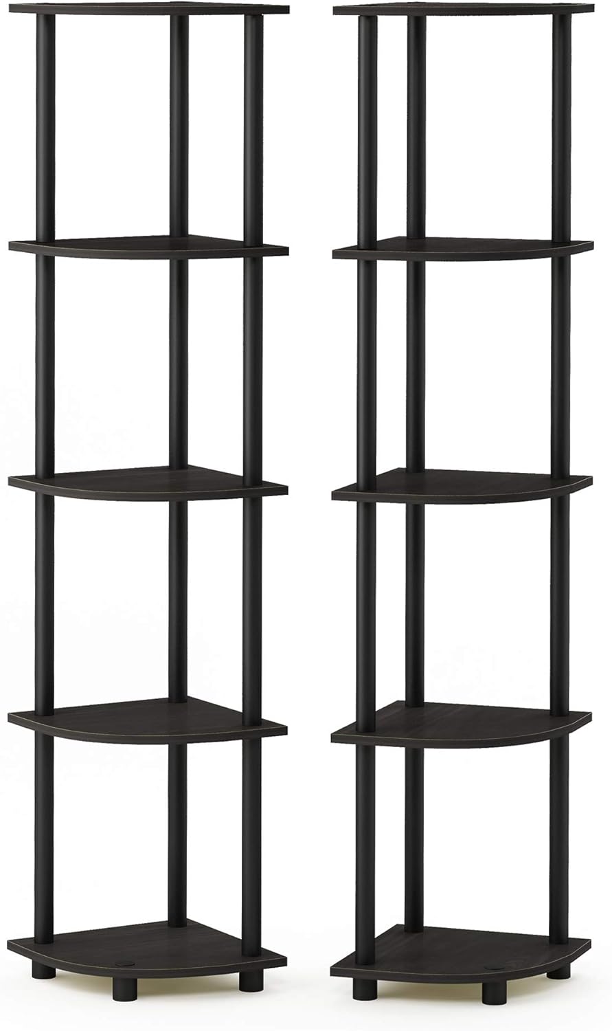 Furinno TURN-N-TUBE Corner Shelf Set of 2, 5-Tier Corner Bookshelf, Open Storage Shelves, for Organization and Storage, Living Room, Home Office, Garage, Espresso