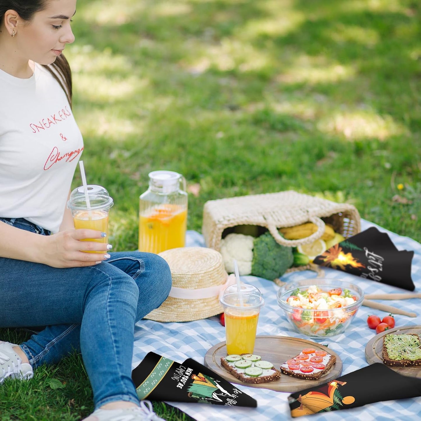 Boyiee 6 Pcs Camping Kitchen Towels Black Absorbent Dish Towels Bonfire Tent Car Tea Towels 24 x 16 Inches with Funny Sayings Novelty Gifts for Campers Happy Camper Camping Accessories for RV Campers