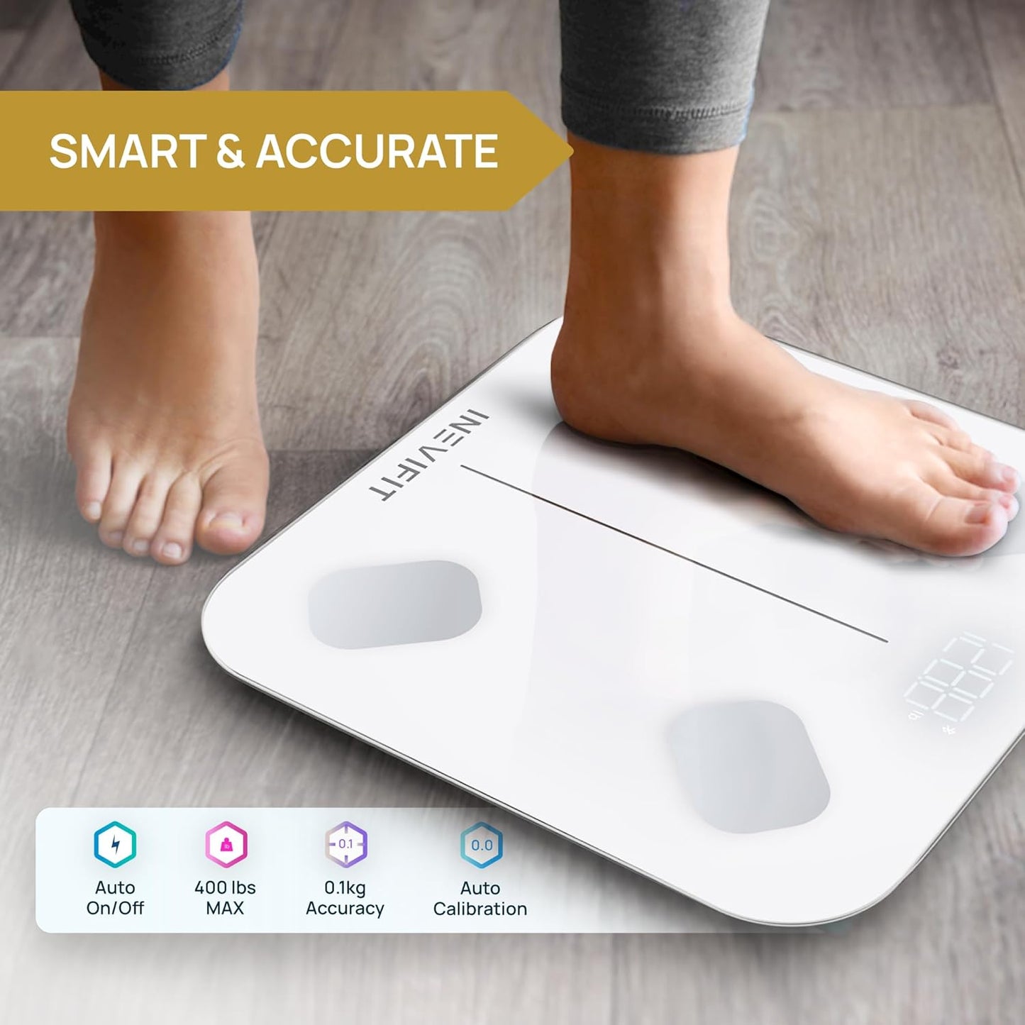INEVIFIT Smart Body Fat Scale, Highly Accurate Bluetooth Digital Bathroom Body Composition Analyzer, Measures Weight, Body Fat, Water, Muscle, Visceral Fat & Bone Mass for Unlimited Users (Eco-Wht)