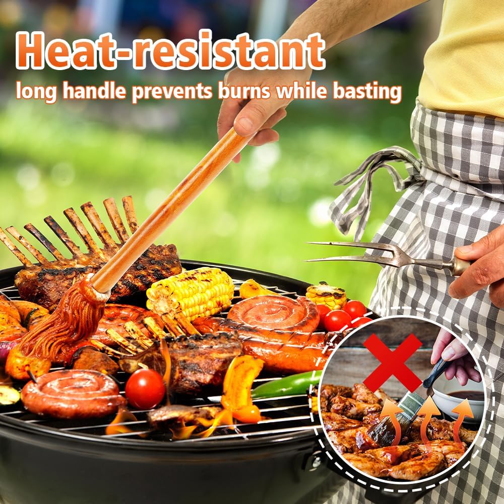 12" BBQ Sauce Basting Mops & Brushes for Roasting or Grilling, Apply Barbeque, Marinade or Glazing, Cotton Fiber Head and Hardwood Handle, Dish Mop Style, Perfect for Cooking or Cleaning - Pack of 3