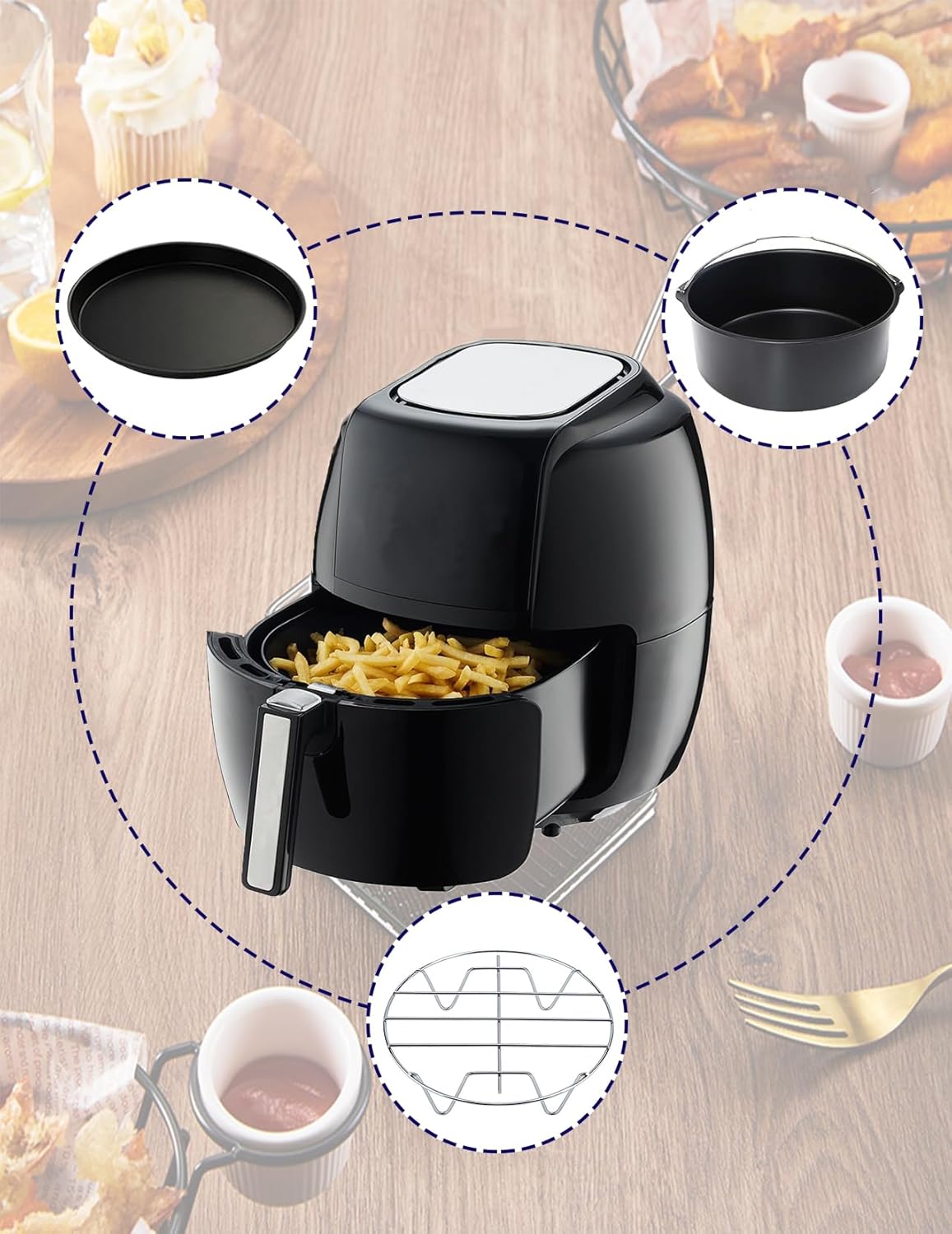 Air Fryer Baking Pan 8 Inch,3-Piece Set with Cake Pan, Pizza Tray & Grill Plate for 4Qt-5.6Qt Air Fryers (Black)