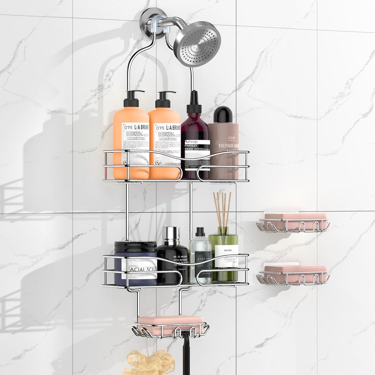 Over the Shower Head Caddy - 3 Tier Shower Caddy Hanging, Rustproof, Bathroom Rack Organizer With Hooks, Razor&Soap Holder, Brushed Nickel
