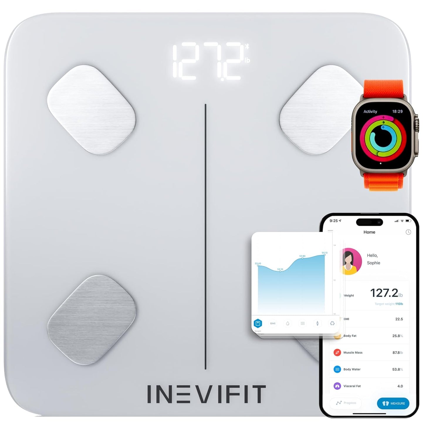 INEVIFIT Smart Body Fat Scale, Highly Accurate Bluetooth Digital Bathroom Body Composition Analyzer, Measures Weight, Body Fat, Water, Muscle, Visceral Fat & Bone Mass for Unlimited Users (Eco-Wht)
