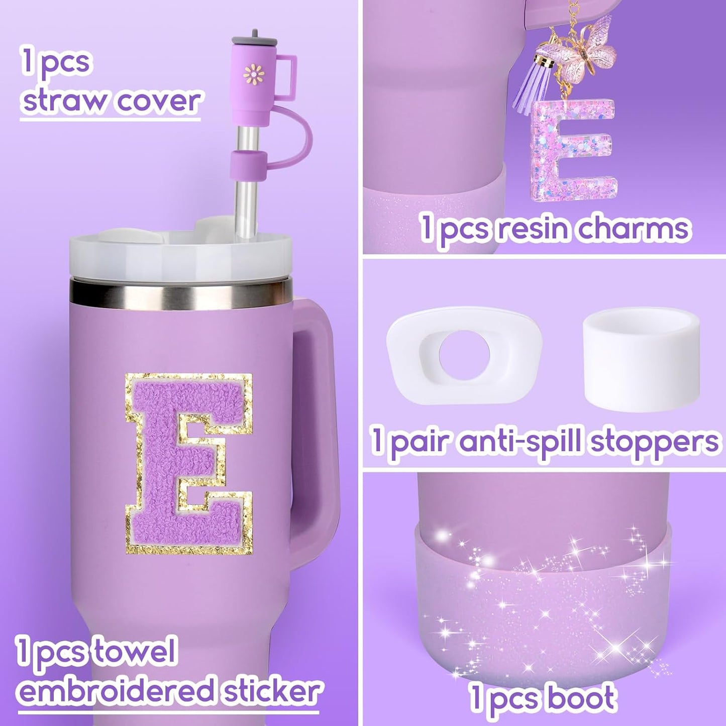 Mity rain 6PCS Cup Accessories Set for Stanley Cup 30oz 40oz tumbler with handle, Including Silicone Straw Topper Cover Cap and Boot, Spill Proof Stopper, Handle Charm, Initials Sticker (Letter E)