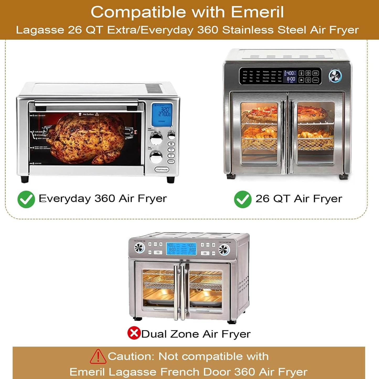 5-Pack Air Fryer Replacement Set for Emeril Lagasse 26QT, Includes Non-Stick Baking Pan, Basket, Air Fryer Rack, 2 Mats & 100 Parchment Papers, Stainless Steel Bakeware Set