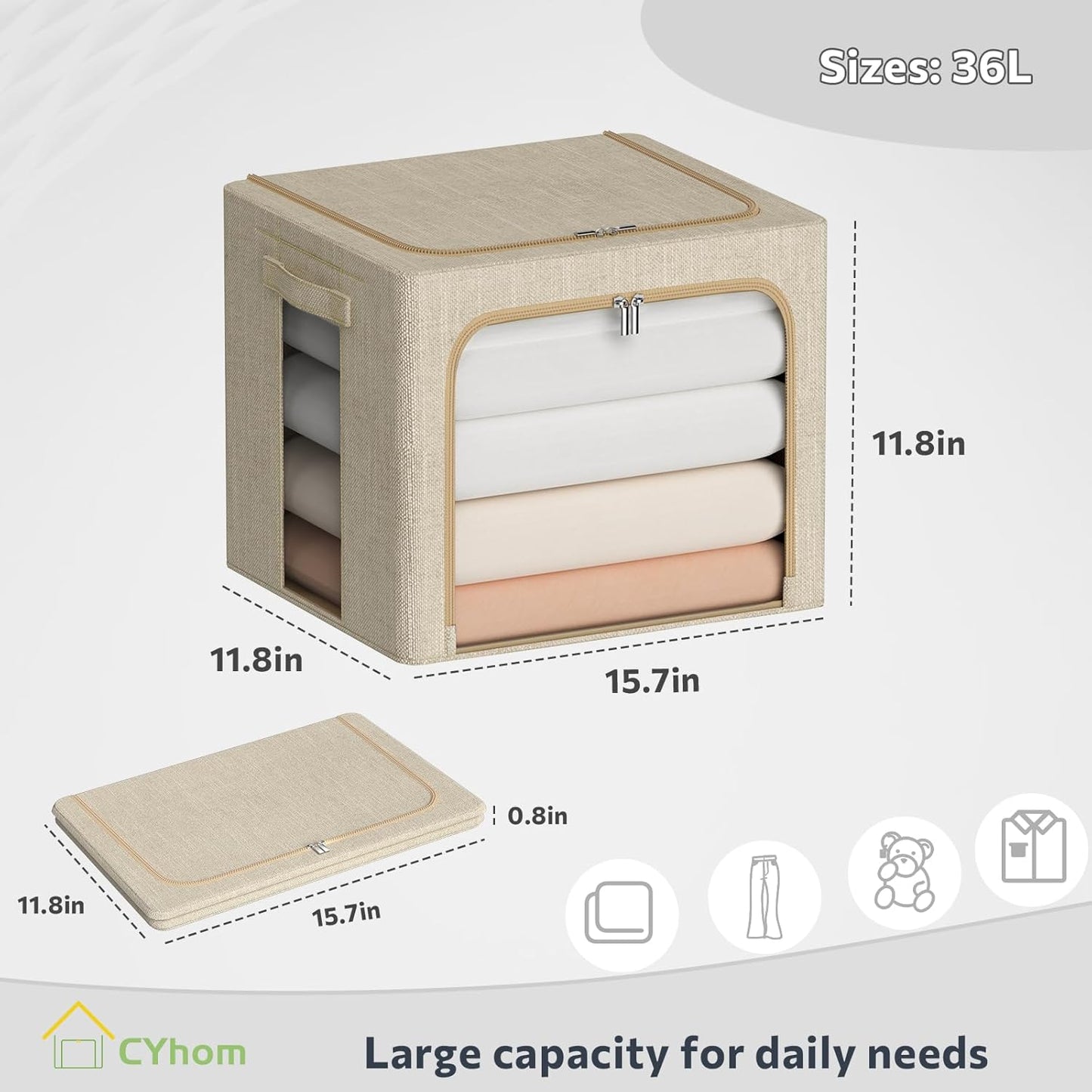 Clothes Storage Bins Box - Linen Fabric Foldable Stackable Container Organizer Set with Clear Window & Carry Handles & Metal Frame for Bedding, Blankets, Books (Beige, Medium-36L)