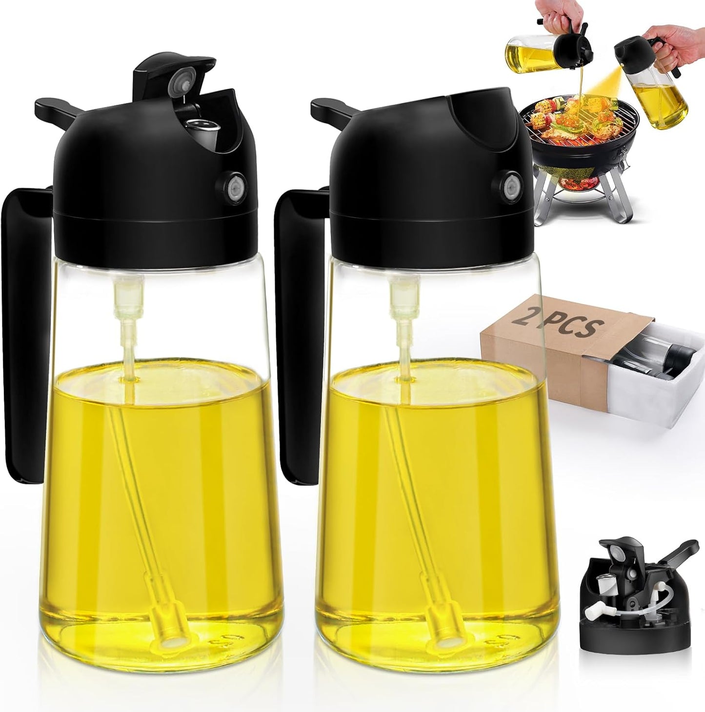 Kitchen Gadgets Oil Sprayer for Cooking 2pcs,Oil Dispenser for Kitchen,2 in 1 Oil Dispenser and Oil Sprayer,16oz Olive Oil Dispenser Bottle for Air Fryer,Salad, Grill (Black Kitchen Accessories)