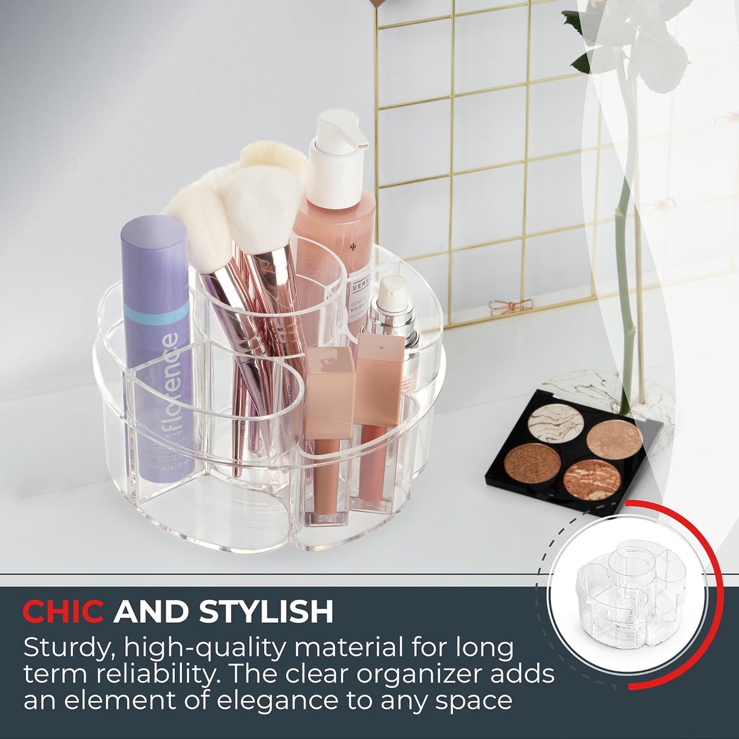 Masirs Small Rotating Makeup Organizer - Mini Yet Spacious Cosmetic Storage Solution with Multiple Compartments - The Perfect Spinning Make-Up Caddy for Vanity or Bathroom Counter (Round - Clear)