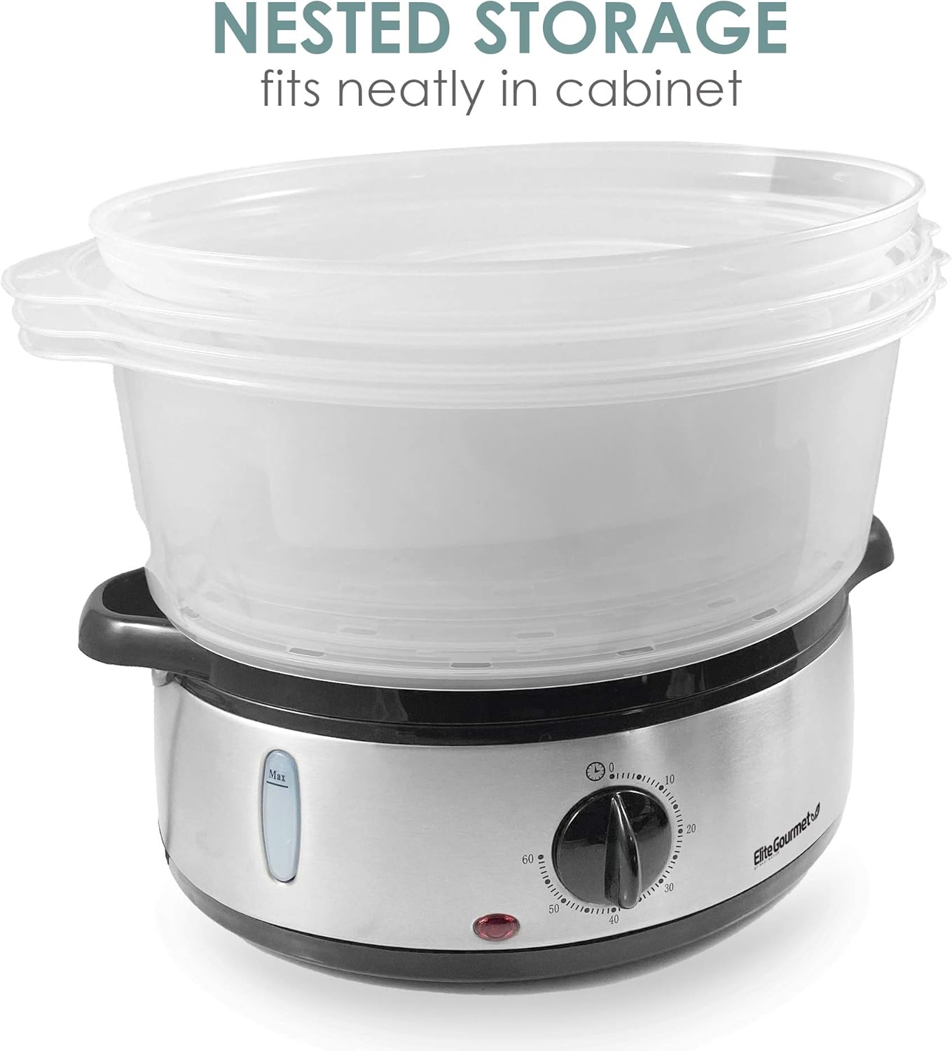 Elite Gourmet Maxi-Matic Electric Food Vegetable Steamer with BPA-Free 3 Tier Stackable, Nested Basket Trays, Auto Shut-off 60-min Timer, 800W, 9 Quart, Stainless Steel
