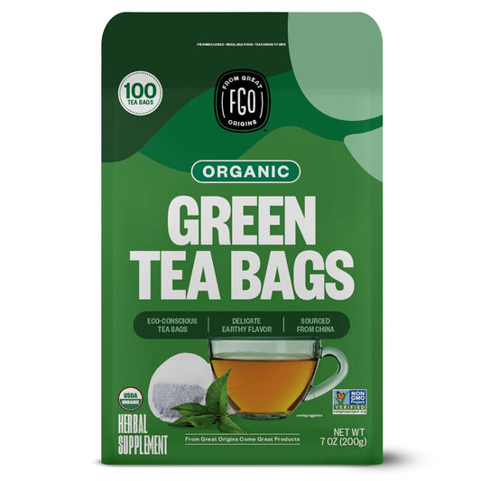 FGO Organic Green Tea, 100 Count Eco-Conscious Tea Bags, Caffeinated, Resealable Pouch, Packaging May Vary (Pack of 1)