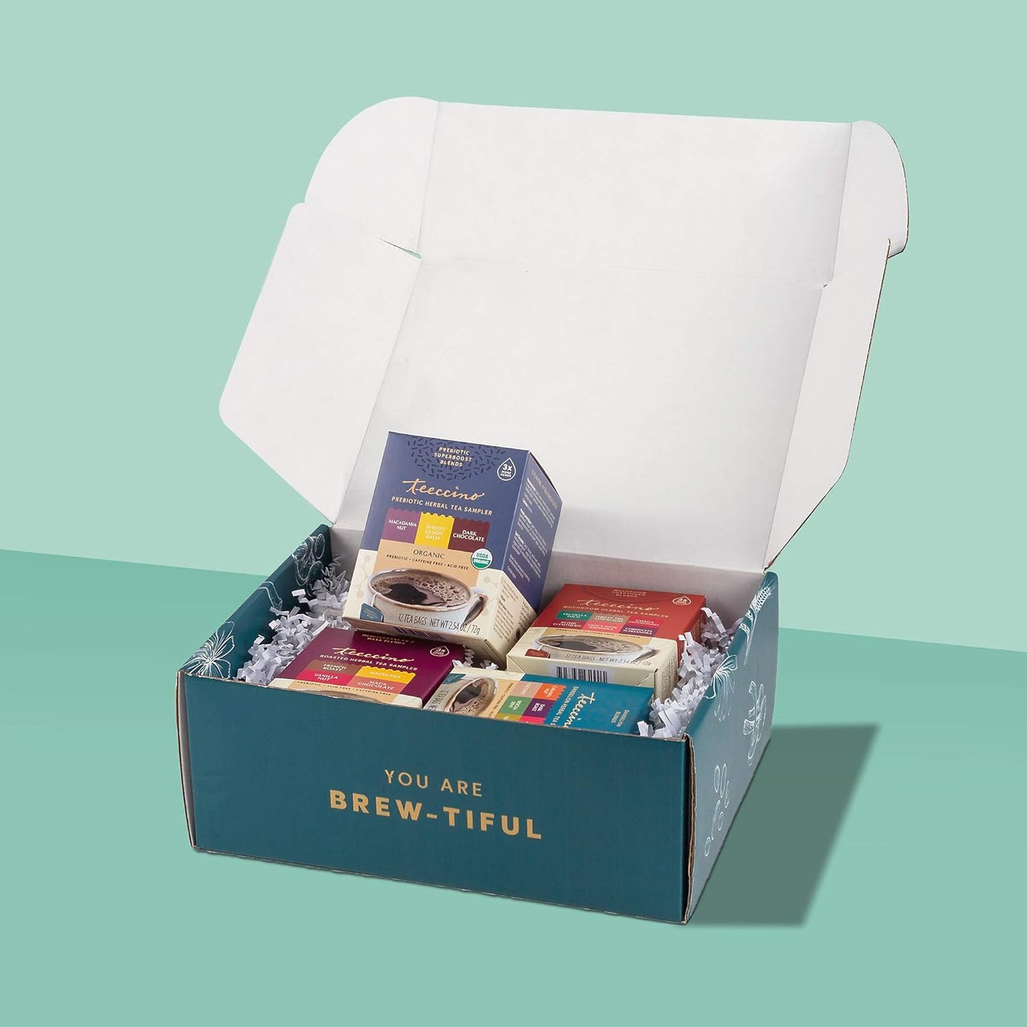 Teeccino Herbal Tea Gift Set - 48 Tea Bag Assortment in 4 Sampler Boxes with Decorative Gift Box - Prebiotic SuperBoost, Dandelion, Mushroom Adaptogen & Classic Herbal Tea Samplers, Caffeine Free