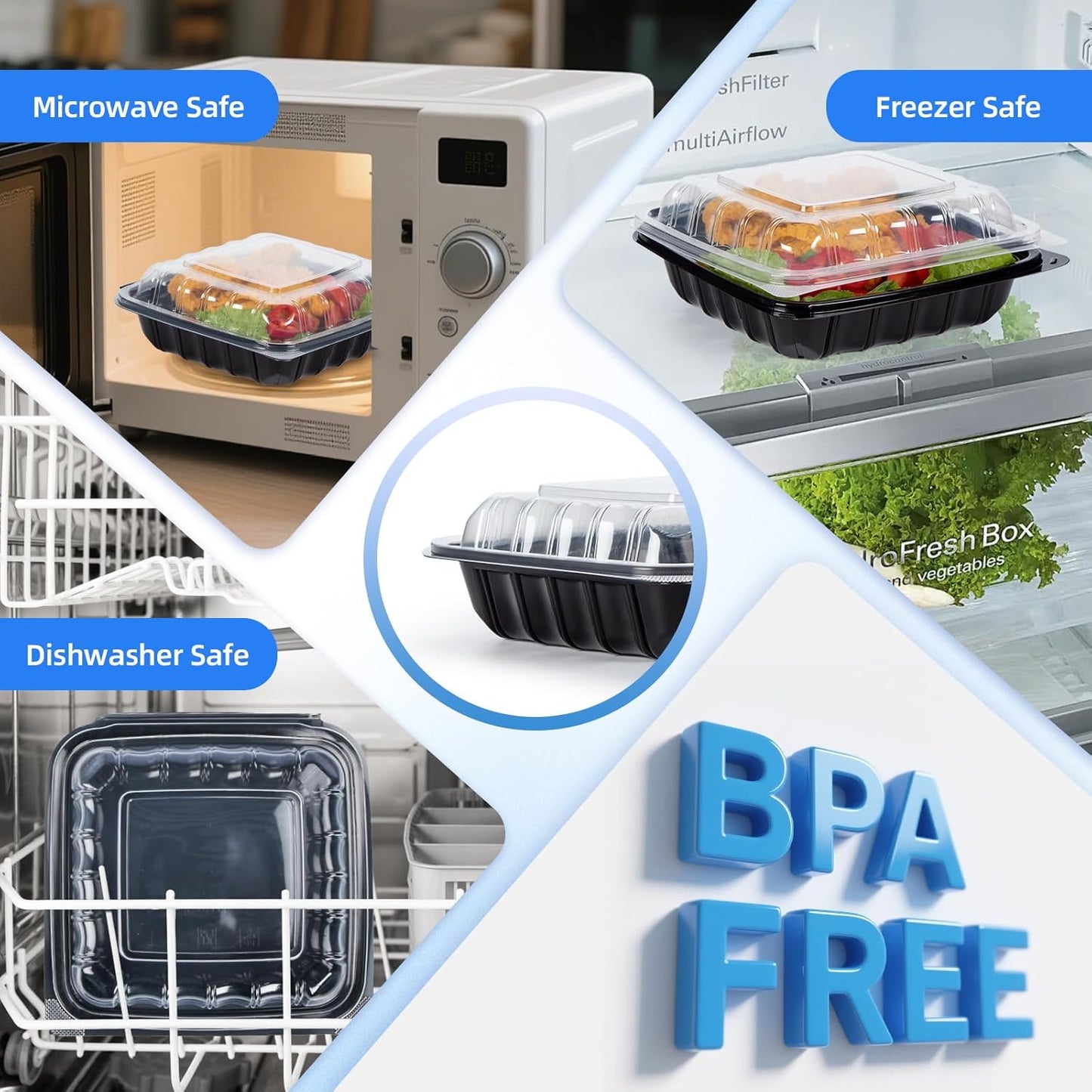 YANGRUI Takeout Containers 8" 34 oz 25 Pack - Steam Resistant Clamshell Lid | Shrink Wrap BPA Free PP Plastic | Reusable Heavy Duty Freezer & Microwave Safe | Restaurant 3 Compartment Food Container