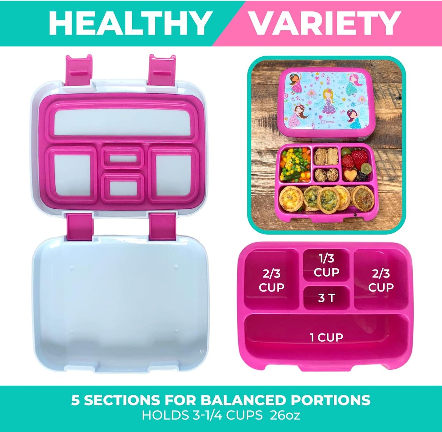 kinsho Bento Lunch Box for Kids Toddlers Girls, 5 Portion Sections Secure Lid, Microwave Safe BPA Free Removable Tray, Pre-School Kid Daycare Lunches Snack Container Ages 3 to 5, Pink Fairy Princess