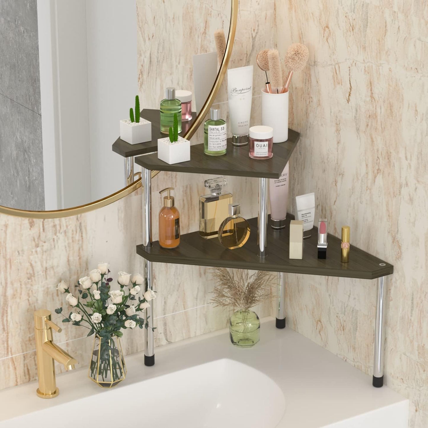 Weenson Bathroom Counter Organizer Corner Shelf - 2 Tier Bathroom Organization Bamboo Bathroom Sink Shelf Kitchen Countertop Organizer Adjustable Free-Standing Counter Storage Shelf(Antique)